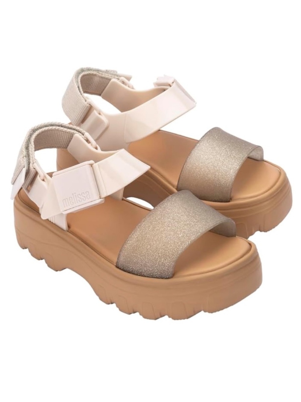 Melissa Kick Off Platform Sandals in Beige, Light Pink and Gold Glitter